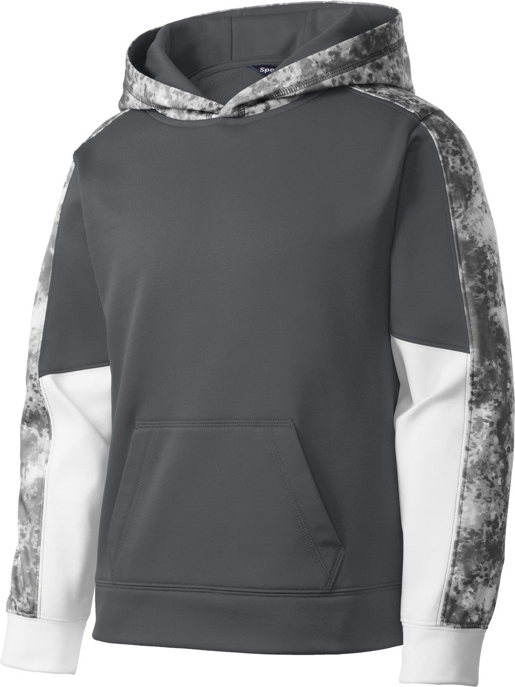 Front View of Dk Sm Gy/DS Gy Sport-Tek Youth Sport-Wick Mineral Freeze Fleece Colorblock Hooded Pullover. YST231