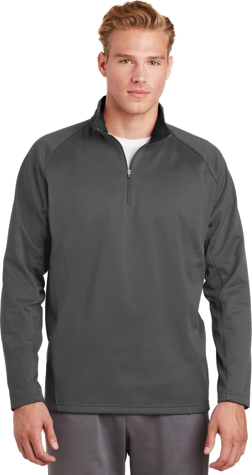 Front View of Dk Smk Gry/Blk Sport-Tek Sport-Wick Fleece 1/4-Zip Pullover. F243
