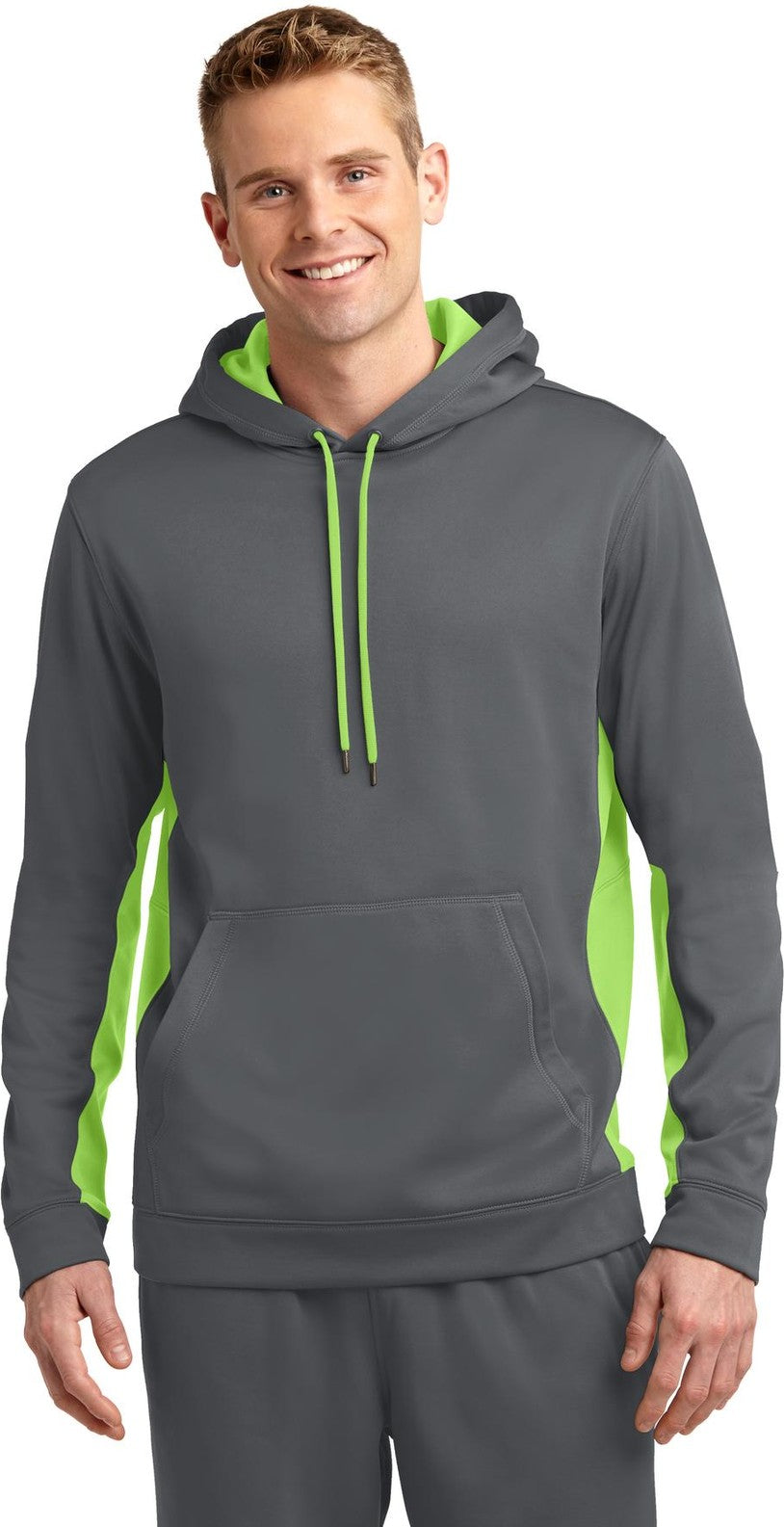 Front View of Dk Smk Gry/Lim Sport-Tek Sport-Wick Fleece Colorblock Hooded Pullover. ST235