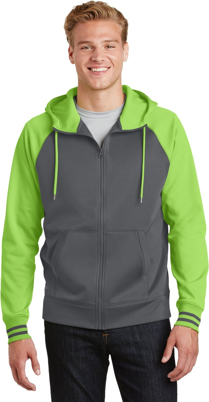 Front View of Dk Smk Gry/Lim Sport-Tek Sport-Wick Varsity Fleece Full-Zip Hooded Jacket. ST236
