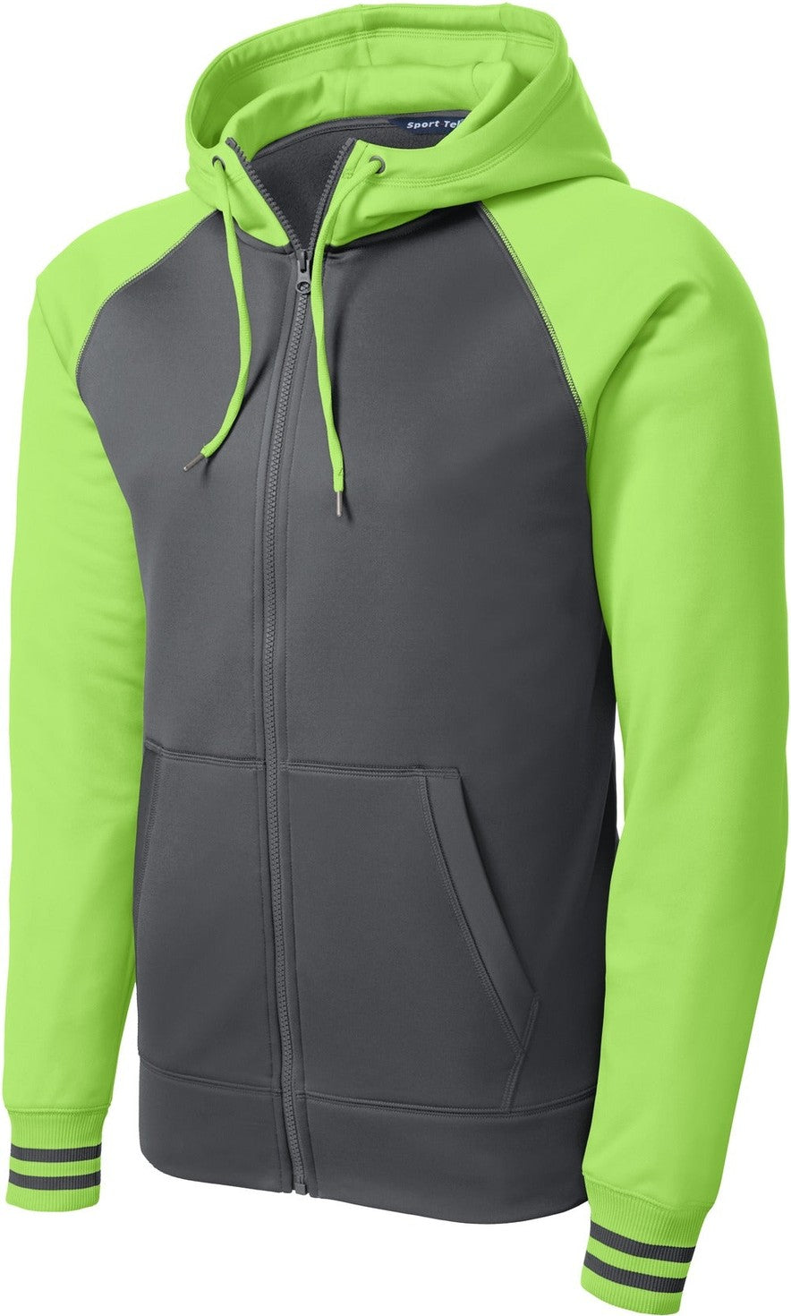 Front View of Dk Smk Gry/Lim Sport-Tek Sport-Wick Varsity Fleece Full-Zip Hooded Jacket. ST236