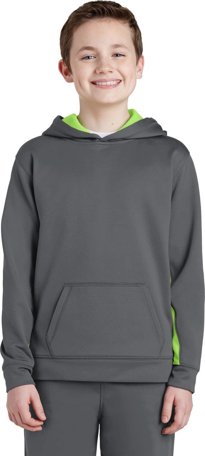 Front View of Dk Smk Gry/Lim Sport-Tek Youth Sport-Wick Fleece Colorblock Hooded Pullover. YST235