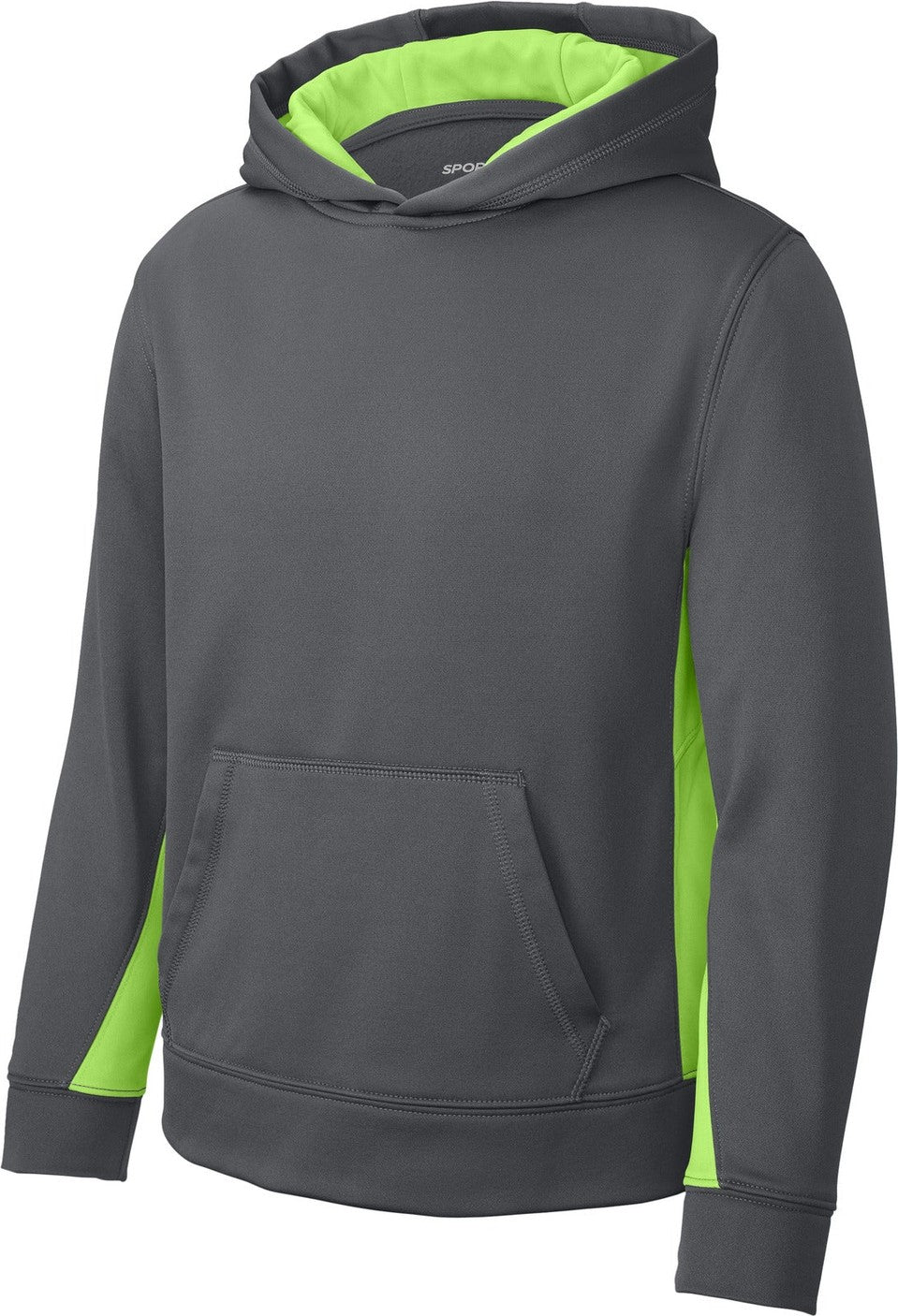 Front View of Dk Smk Gry/Lim Sport-Tek Youth Sport-Wick Fleece Colorblock Hooded Pullover. YST235