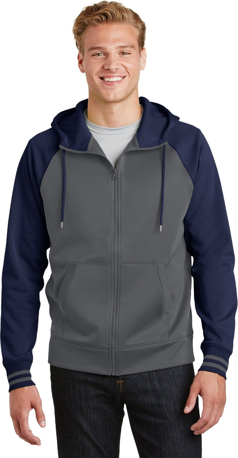 Front View of Dk Smk Gry/Nvy Sport-Tek Sport-Wick Varsity Fleece Full-Zip Hooded Jacket. ST236