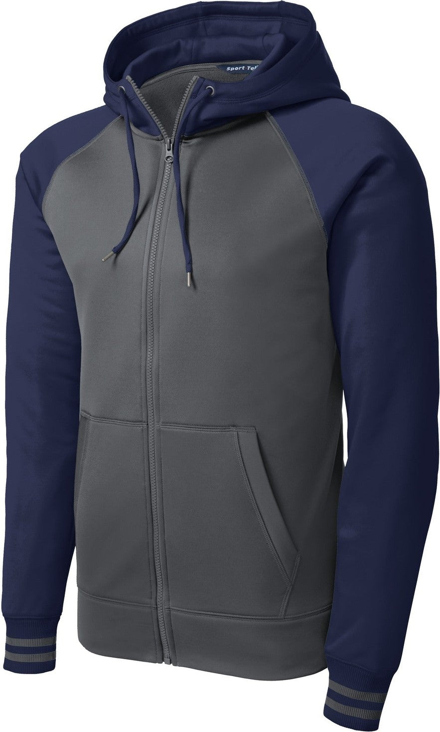 Front View of Dk Smk Gry/Nvy Sport-Tek Sport-Wick Varsity Fleece Full-Zip Hooded Jacket. ST236