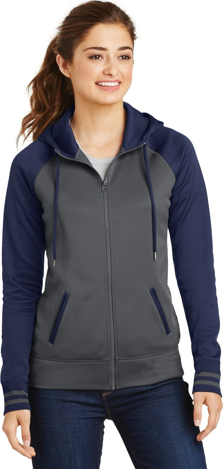 Front View of Dk Smk Gry/Nvy Sport-Tek Women's Sport-Wick Varsity Fleece Full-Zip Hooded Jacket. LST236