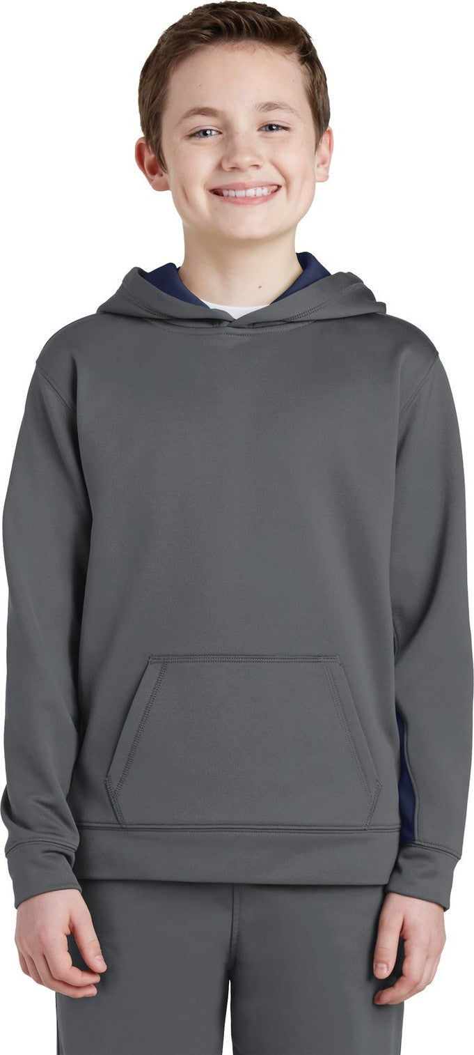 Front View of Dk Smk Gry/Nvy Sport-Tek Youth Sport-Wick Fleece Colorblock Hooded Pullover. YST235