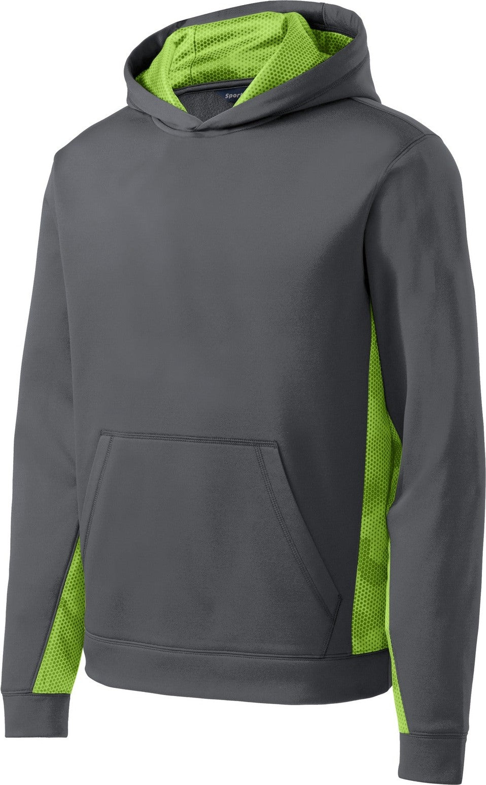Front View of Dk Smk Gy/Lime Sport-Tek Youth Sport-Wick CamoHex Fleece Colorblock Hooded Pullover. YST239