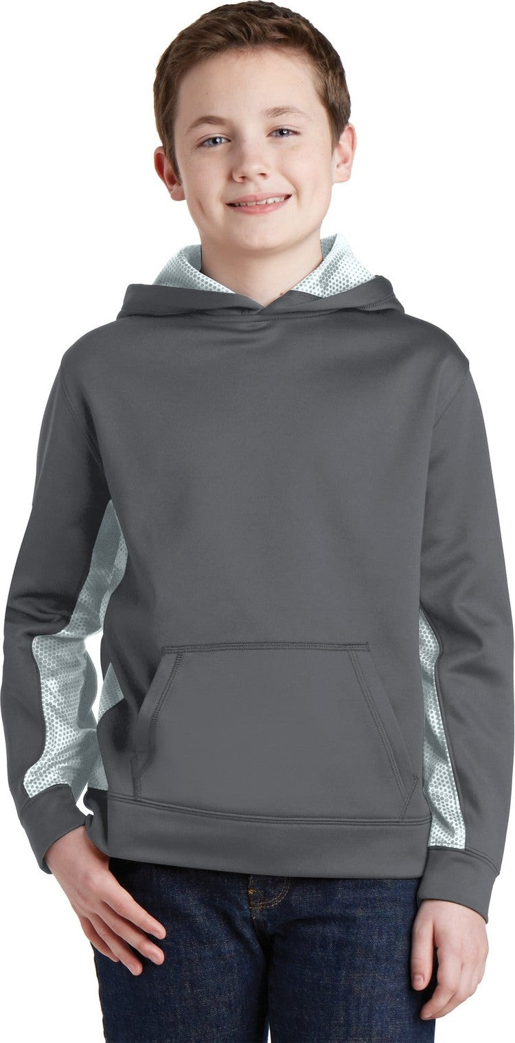 Front View of Dk Smk Gy/Wht Sport-Tek Youth Sport-Wick CamoHex Fleece Colorblock Hooded Pullover. YST239