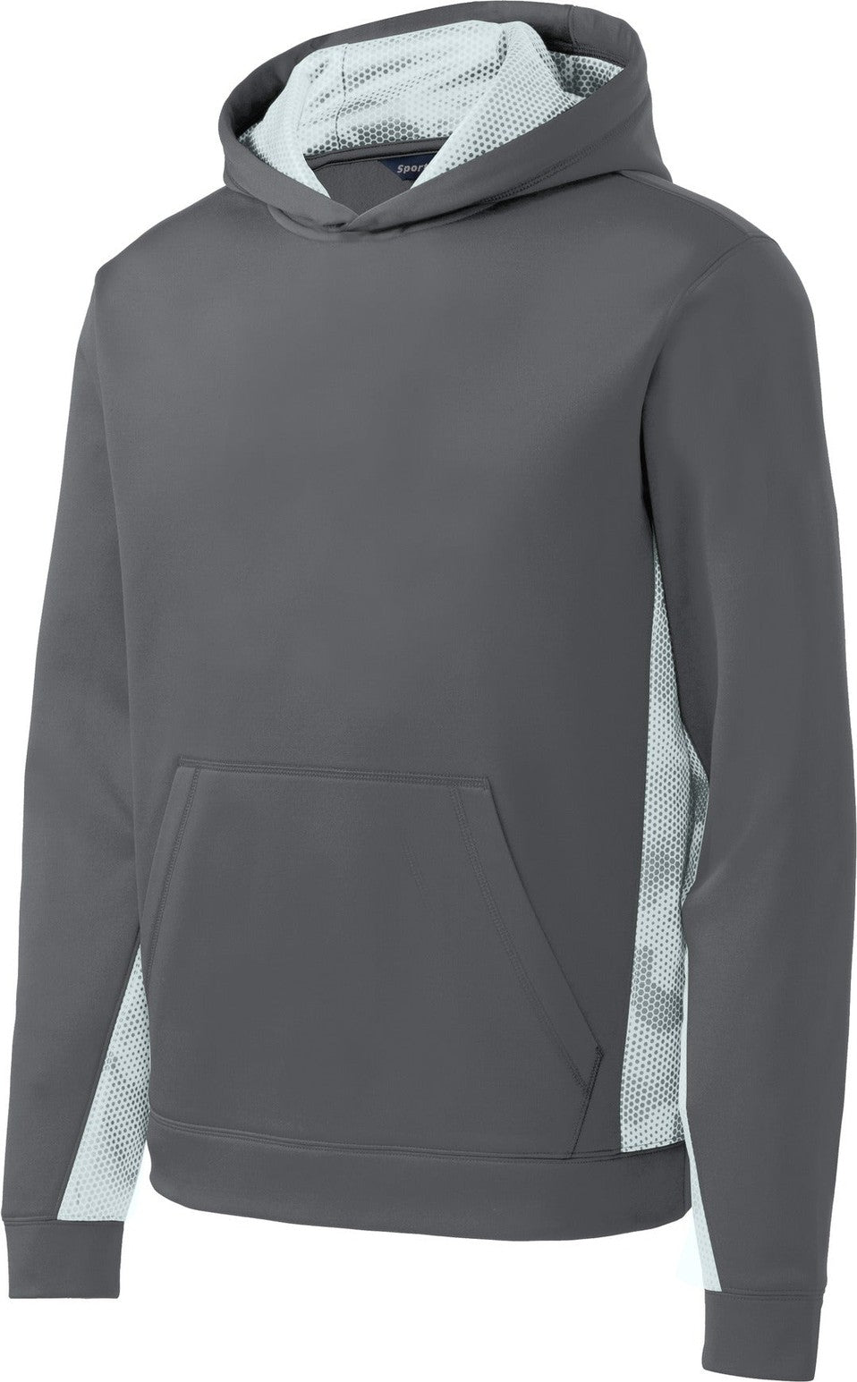 Front View of Dk Smk Gy/Wht Sport-Tek Youth Sport-Wick CamoHex Fleece Colorblock Hooded Pullover. YST239