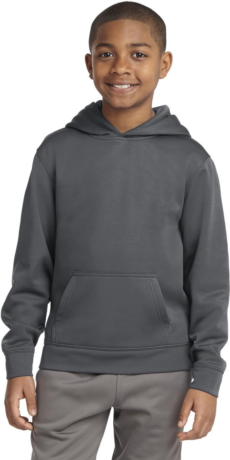 Front View of Dk Smoke Grey Sport-Tek Youth Sport-Wick Fleece Hooded Pullover. YST244