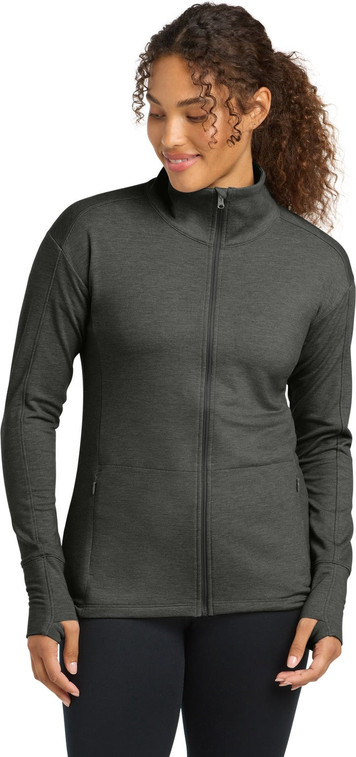 Front View of DkGyHthr Sport-Tek Women's Sport-Wick Flex Fleece Full-Zip. LST560