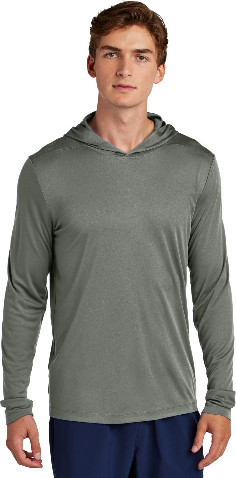 Front View of DkSmkGy Sport-Tek Posi-UV Pro Long Sleeve Hoodie ST420LSH