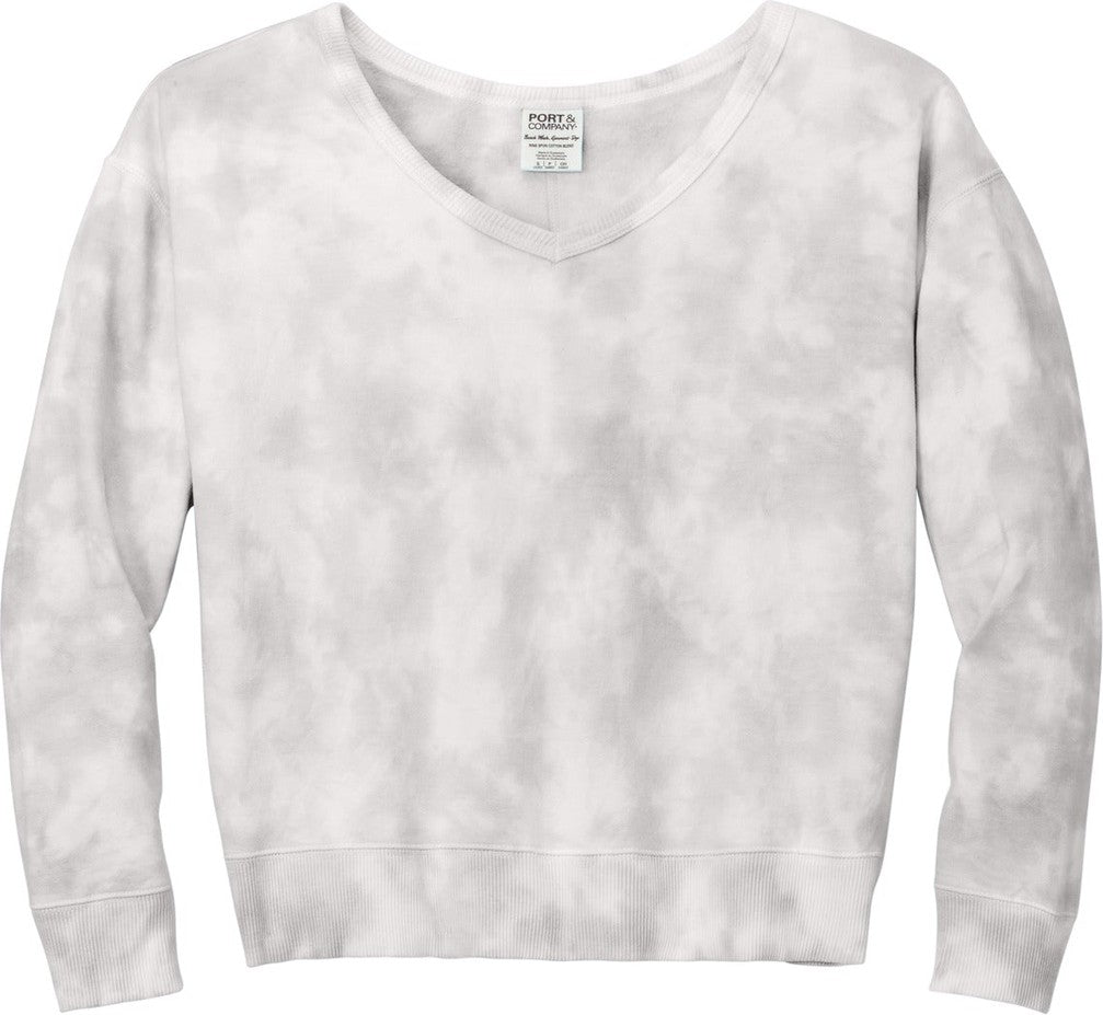 Front View of DoveGrey Port & Co Women's Beach Wash Cloud Tie-Dye V-Neck Sweatshirt LPC140V