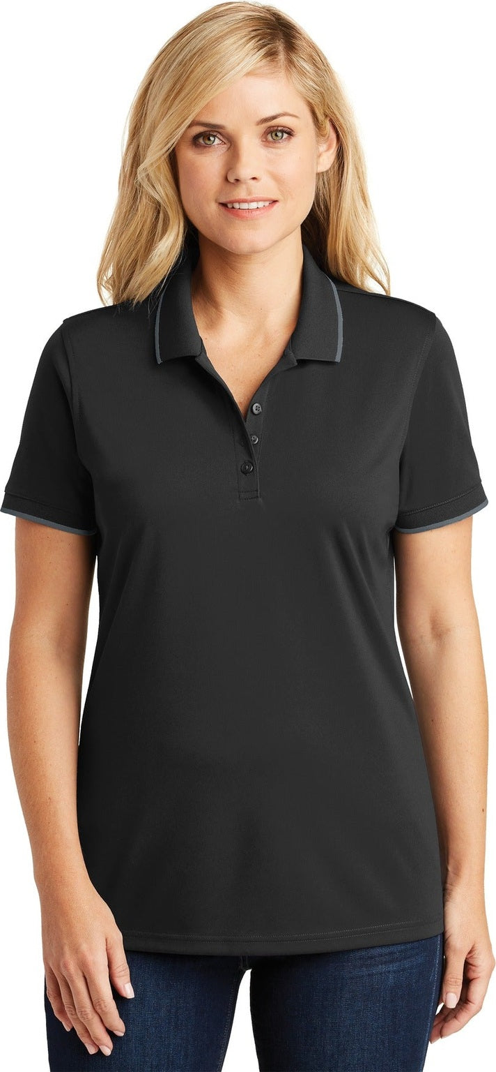 Front View of Dp Black/Graph Port Authority Women's Dry Zone UV Micro-Mesh Tipped Polo. LK111