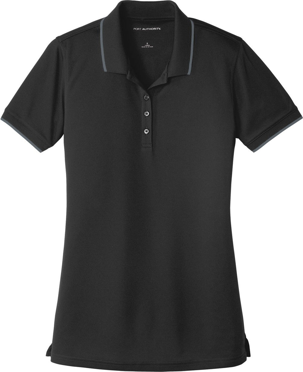 Front View of Dp Black/Graph Port Authority Women's Dry Zone UV Micro-Mesh Tipped Polo. LK111