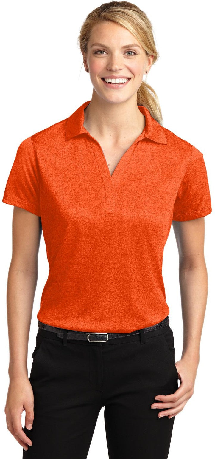 Front View of Dp Orange Hthr Sport-Tek Women's Heather Contender Polo. LST660