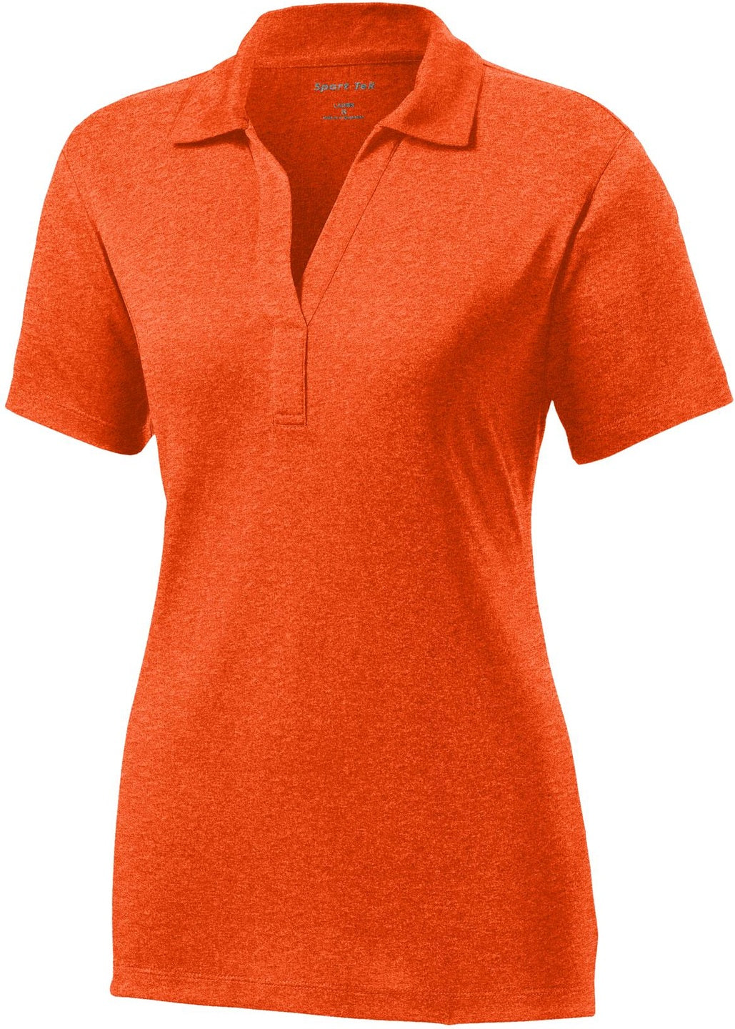 Front View of Dp Orange Hthr Sport-Tek Women's Heather Contender Polo. LST660