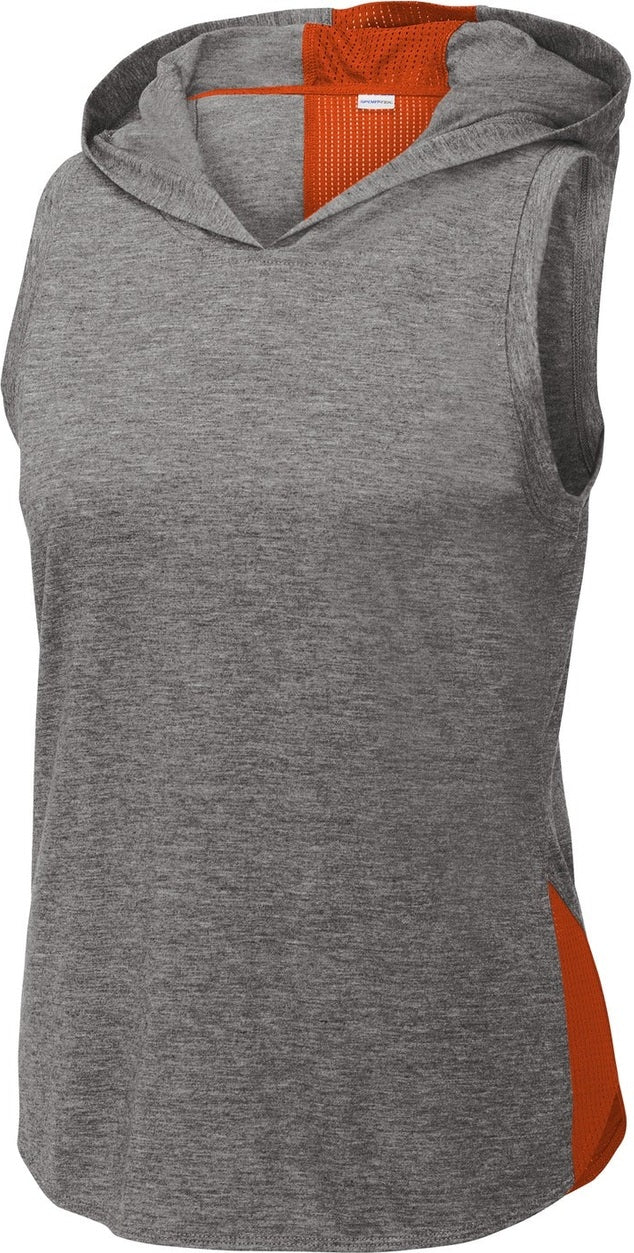 Front View of Dp Or/Dk Gy He Sport-Tek Women's PosiCharge Tri-Blend Wicking Draft Hoodie Tank. LST410