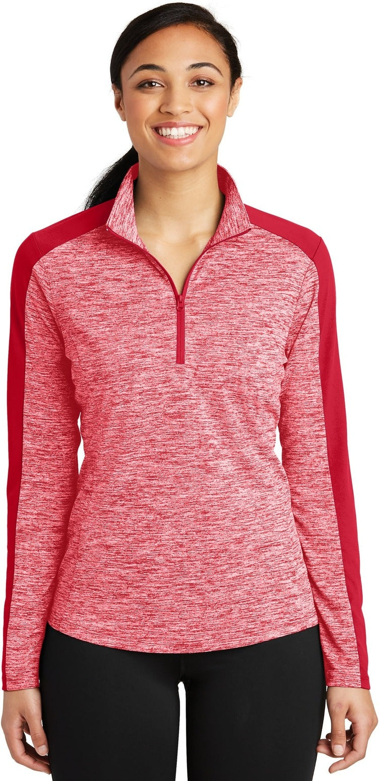 Front View of Dp Red E/Dp Rd Sport-Tek Women's PosiCharge Electric Heather Colorblock 1/4-Zip Pullover. LST397