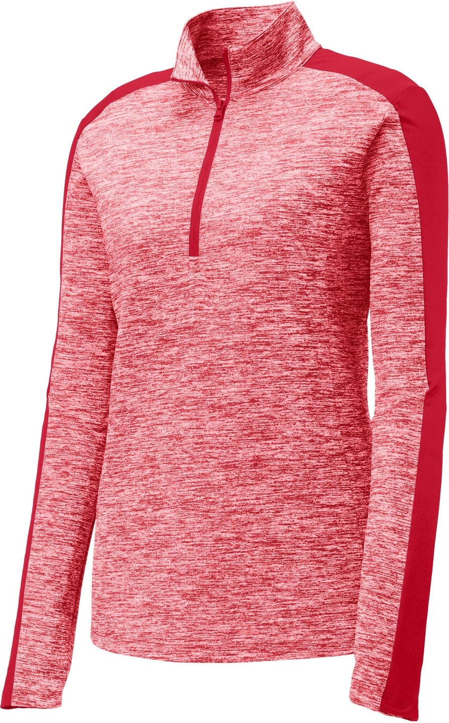 Front View of Dp Red E/Dp Rd Sport-Tek Women's PosiCharge Electric Heather Colorblock 1/4-Zip Pullover. LST397
