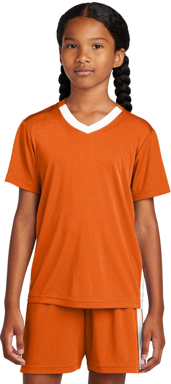 Front View of DpOr/White Sport-Tek Youth Competitor United V-Neck YST101