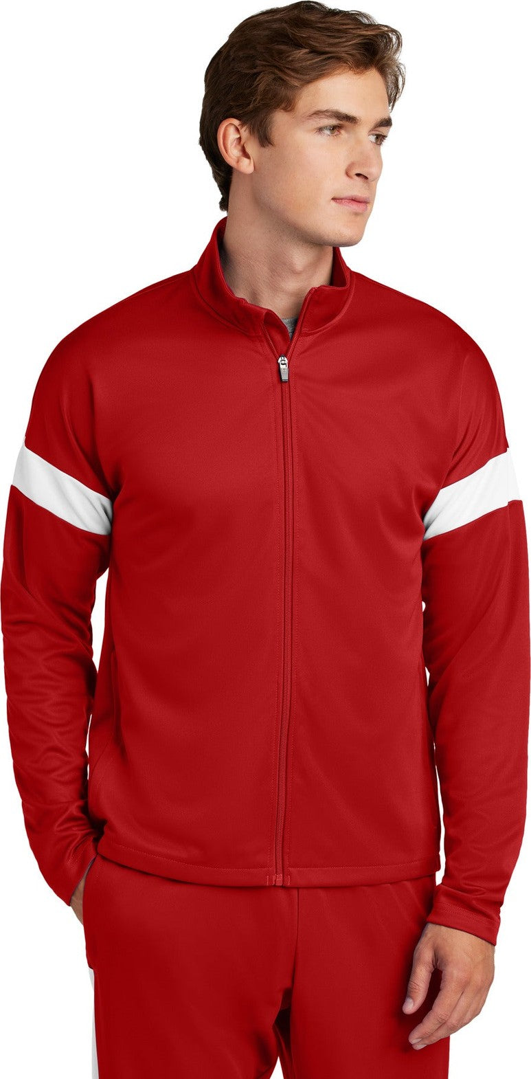Front View of DpRd/Wht Sport-Tek Travel Full-Zip Jacket ST800