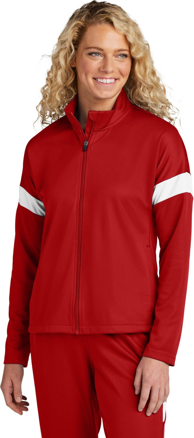 Front View of DpRd/Wht Sport-Tek Women's Travel Full-Zip Jacket LST800