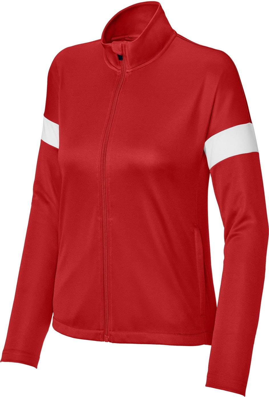 Front View of DpRd/Wht Sport-Tek Women's Travel Full-Zip Jacket LST800