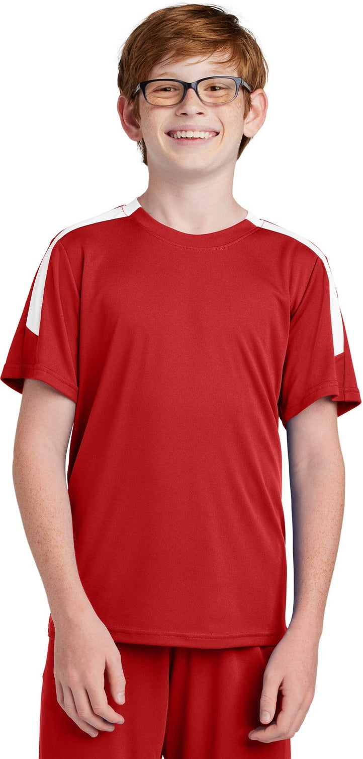 Front View of DpRd/Wht Sport-Tek Youth Competitor United Crew YST100