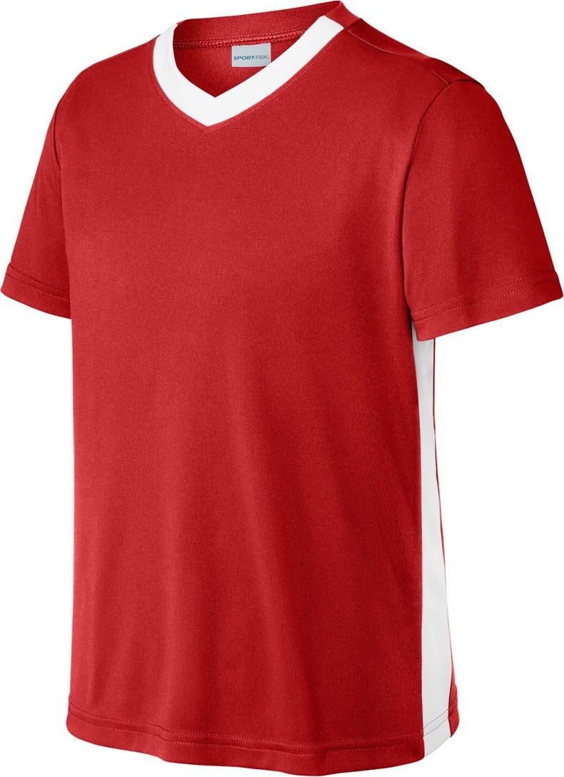 Front View of DpRd/Wht Sport-Tek Youth Competitor United V-Neck YST101