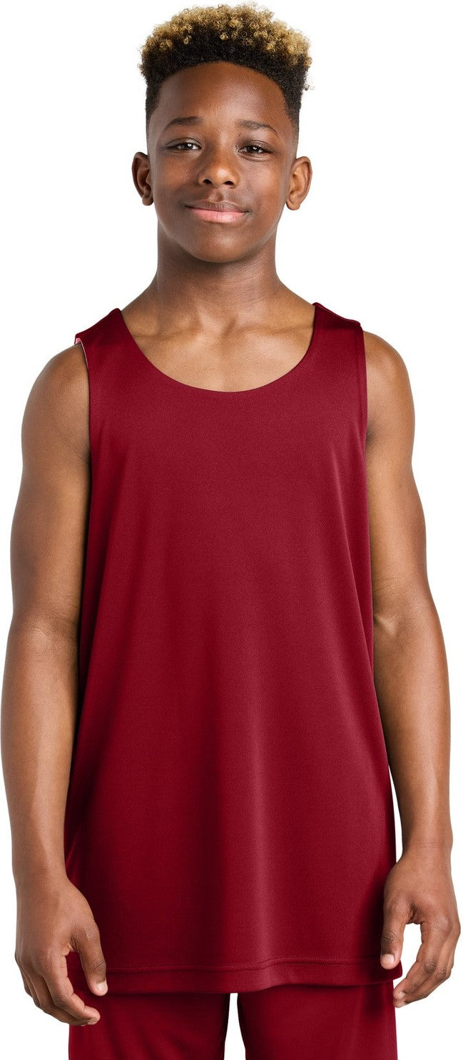 Front View of DpRd/Wht Sport-Tek Youth PosiCharge Competitor Rev Tank YST551