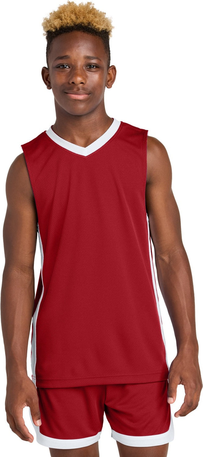 Front View of DpRd/Wht Sport-Tek Youth Rival Basketball Rev Jersey YST900