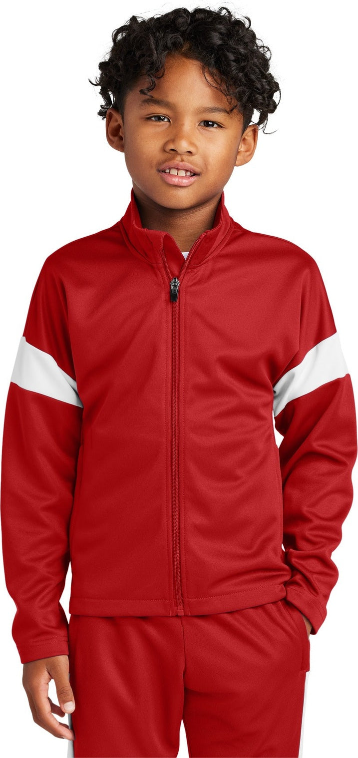 Front View of DpRd/Wht Sport-Tek Youth Travel Full-Zip Jacket YST800