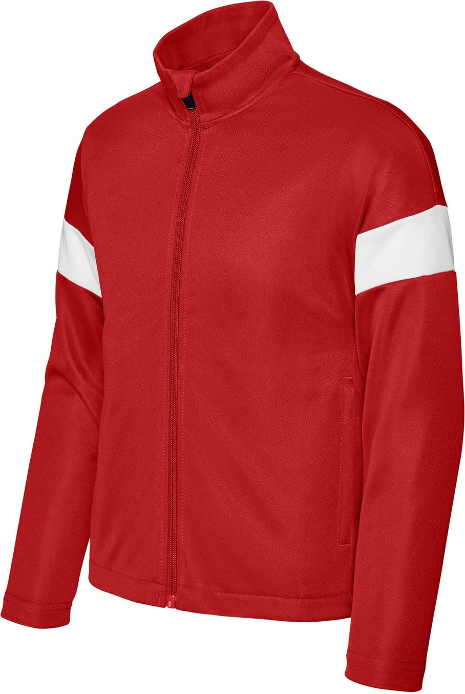 Front View of DpRd/Wht Sport-Tek Youth Travel Full-Zip Jacket YST800