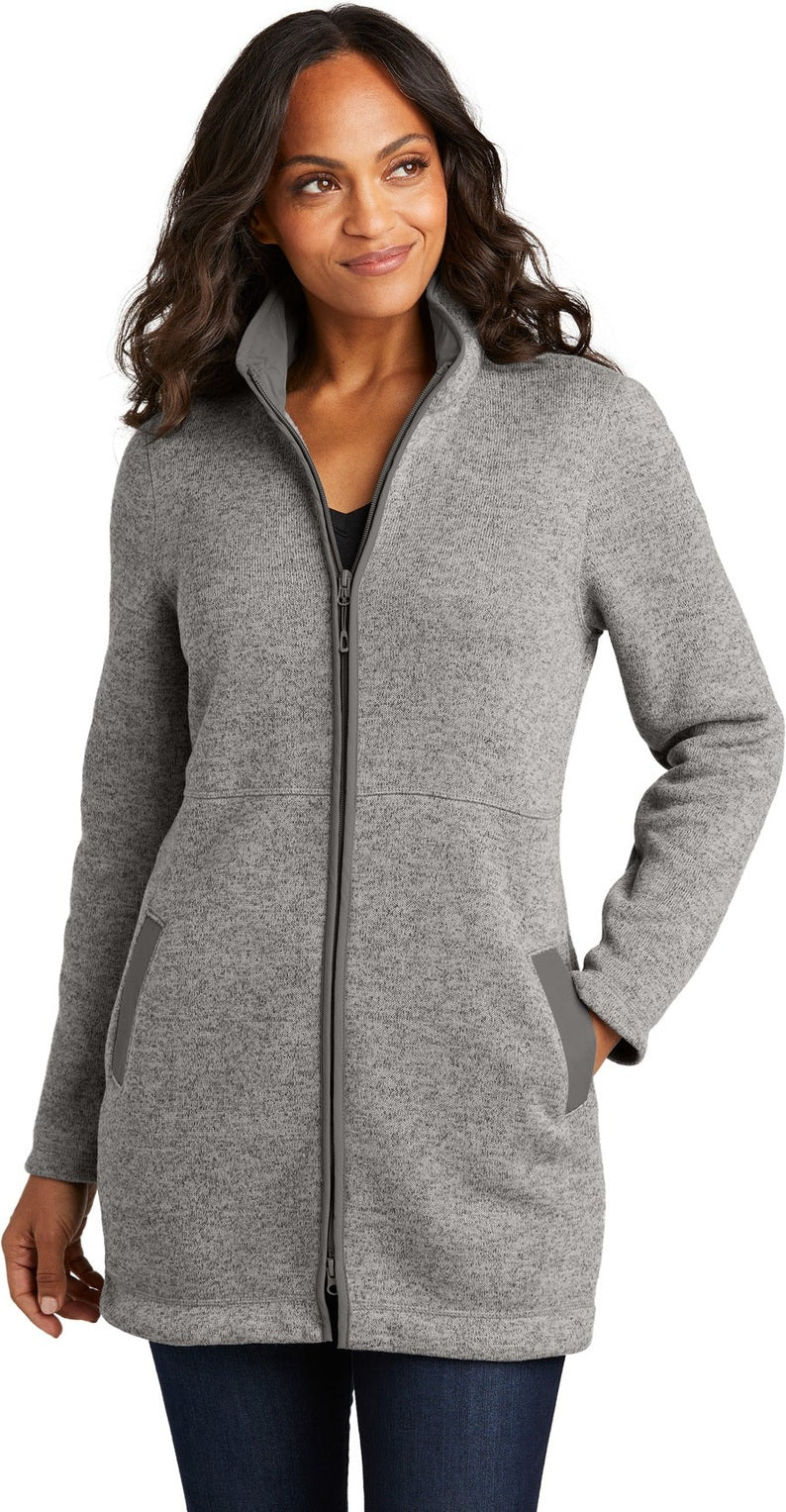Front View of DpSmkHthr Port Authority Women's Arc Sweater Fleece Long Jacket L425