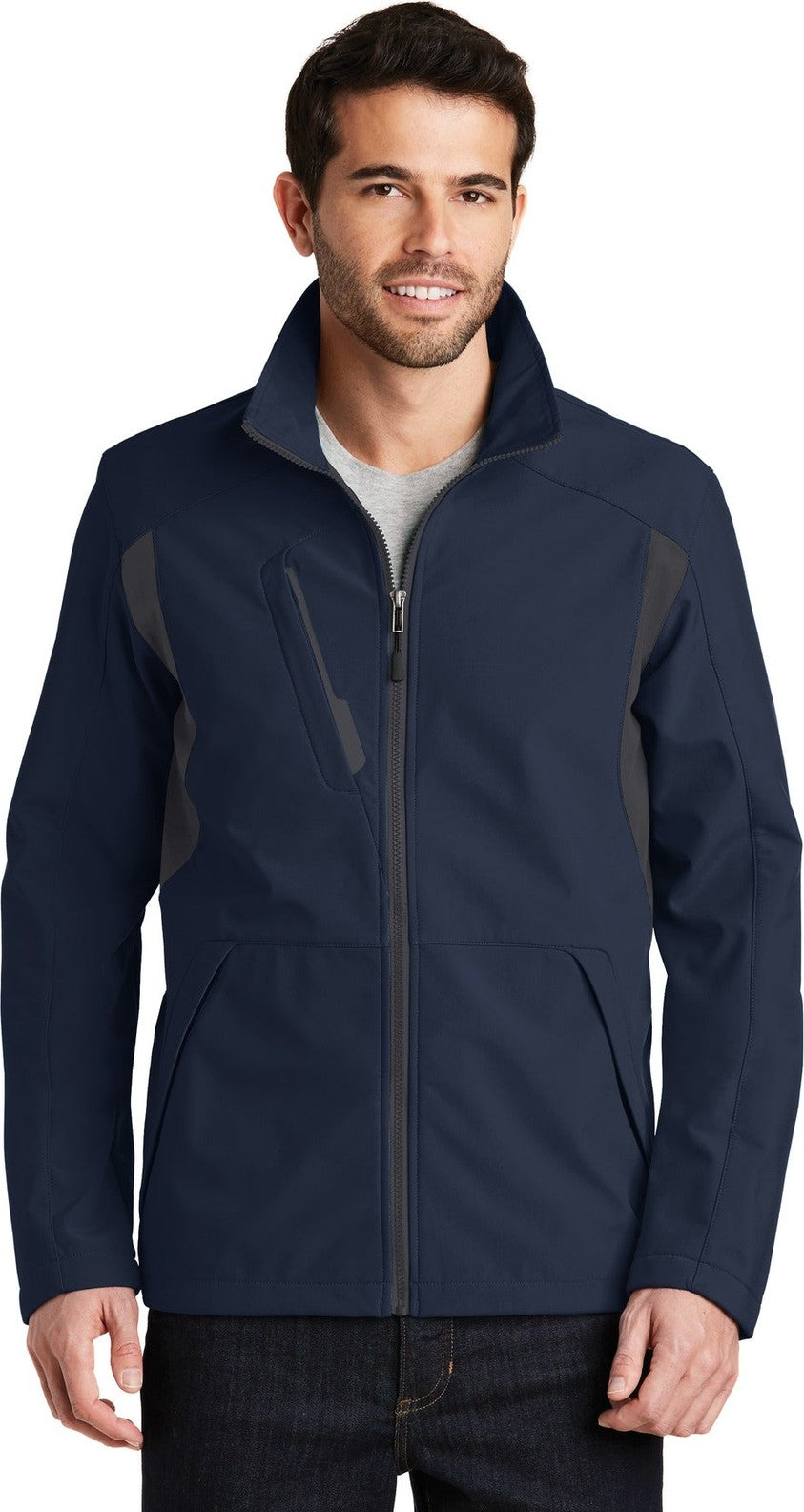 Front View of Dr Bl Nvy/B Gy Port Authority Back-Block Soft Shell Jacket. J336