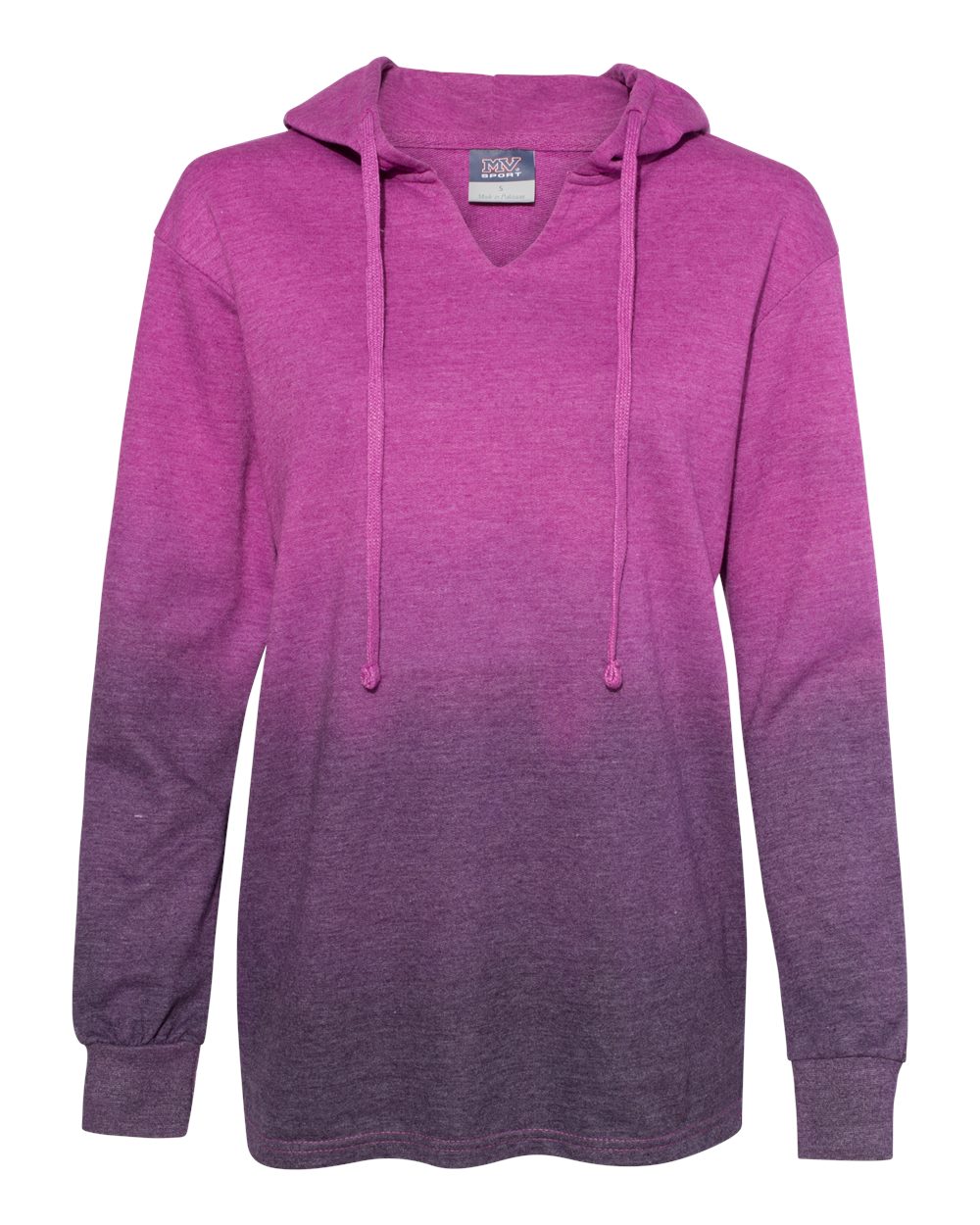 Front View of Dragonfruit/ Navy Women's French Terry Ombré Hooded Sweatshirt - W20185