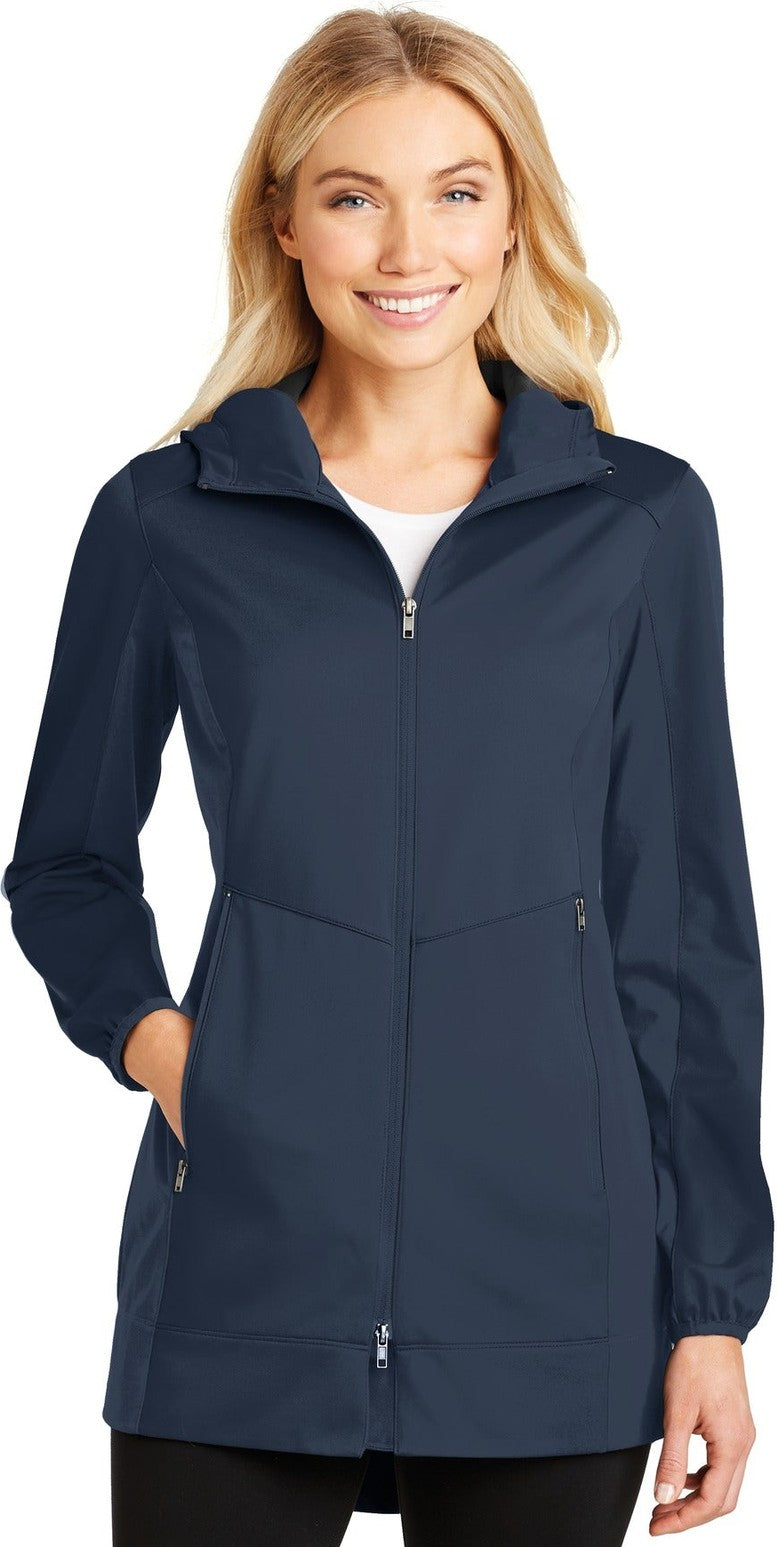 Front View of Dress Blue Nvy Port Authority Women's Active Hooded Soft Shell Jacket. L719
