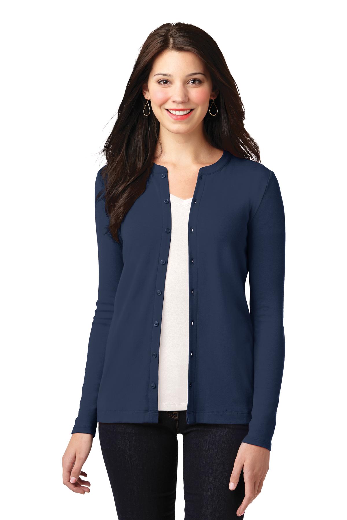 Front View of Dress Blue Nvy Port Authority Women's Concept Stretch Button-Front Cardigan. LM1008