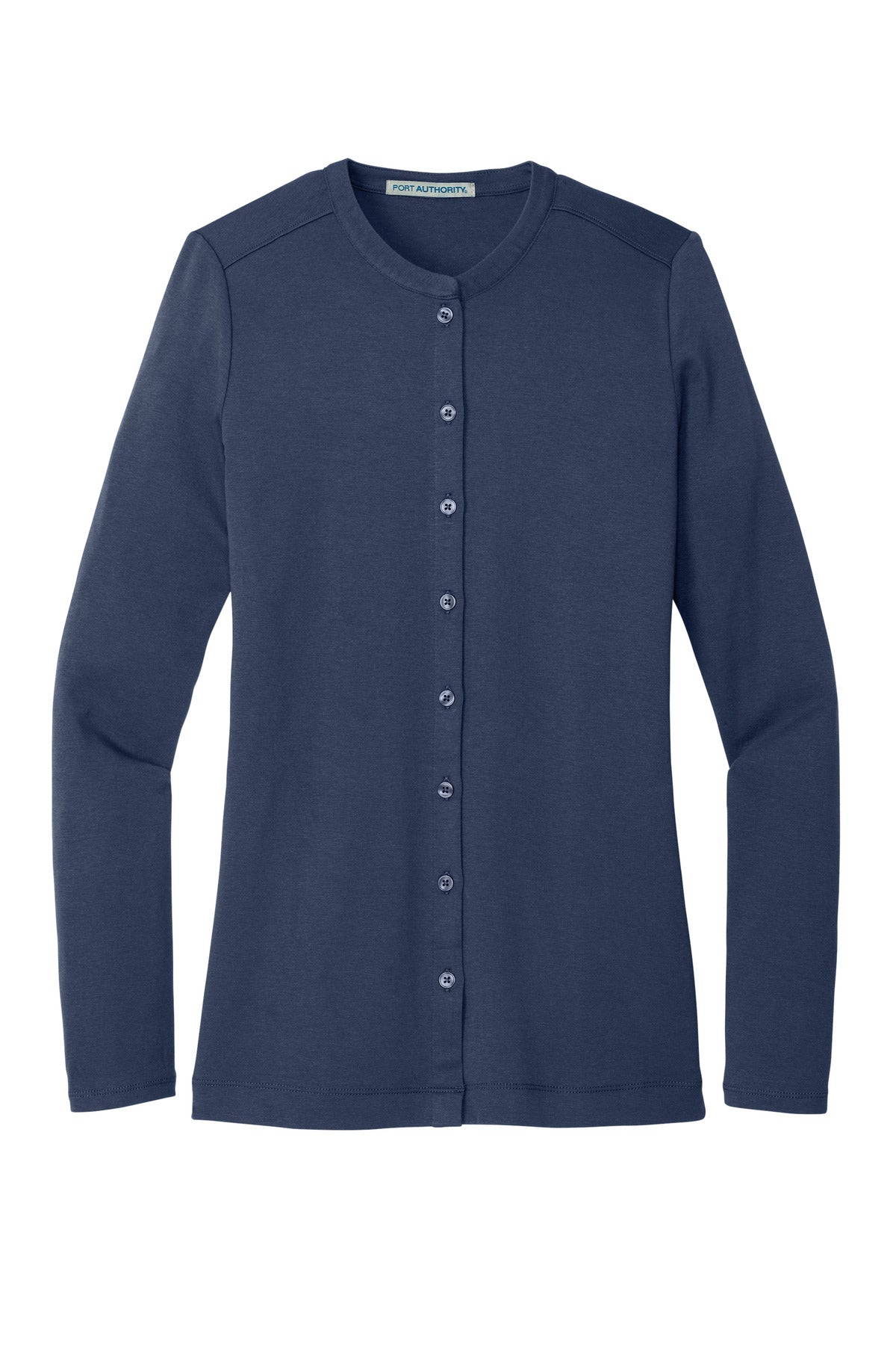 Front View of Dress Blue Nvy Port Authority Women's Concept Stretch Button-Front Cardigan. LM1008