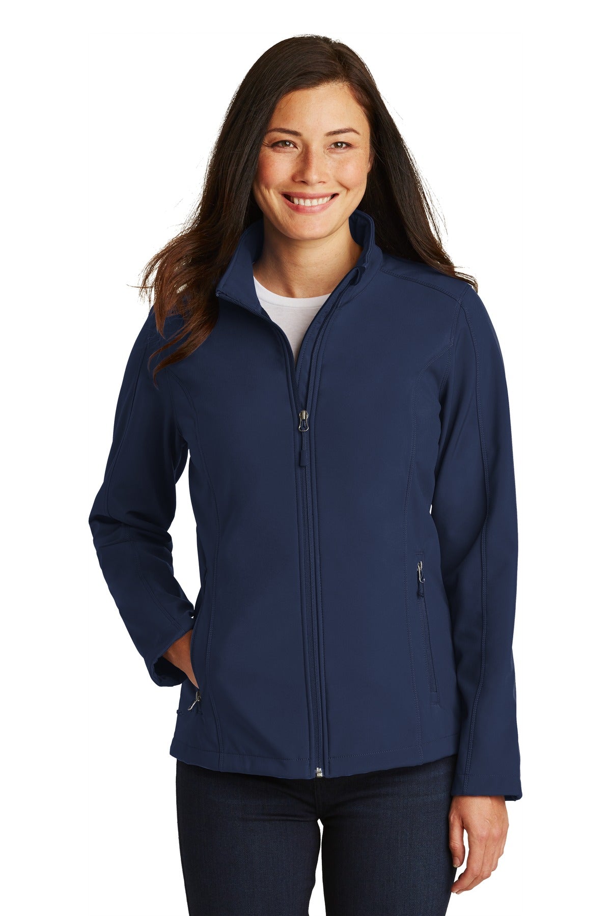 Front View of Dress Blue Nvy Port Authority Women's Core Soft Shell Jacket. L317