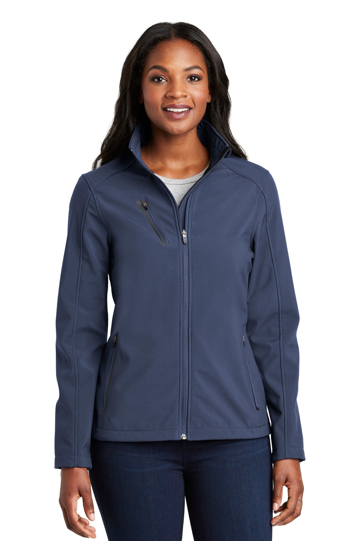 Front View of Dress Blue Nvy Port Authority Women's Welded Soft Shell Jacket. L324