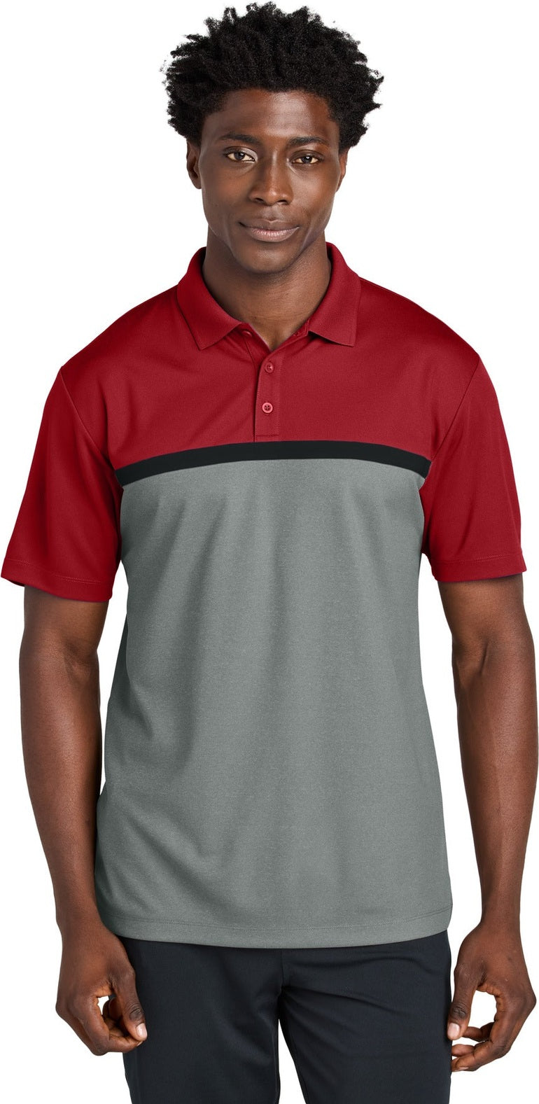Front View of DR/GCcH/Bk Sport-Tek UV Micropique Colorblock Polo ST741