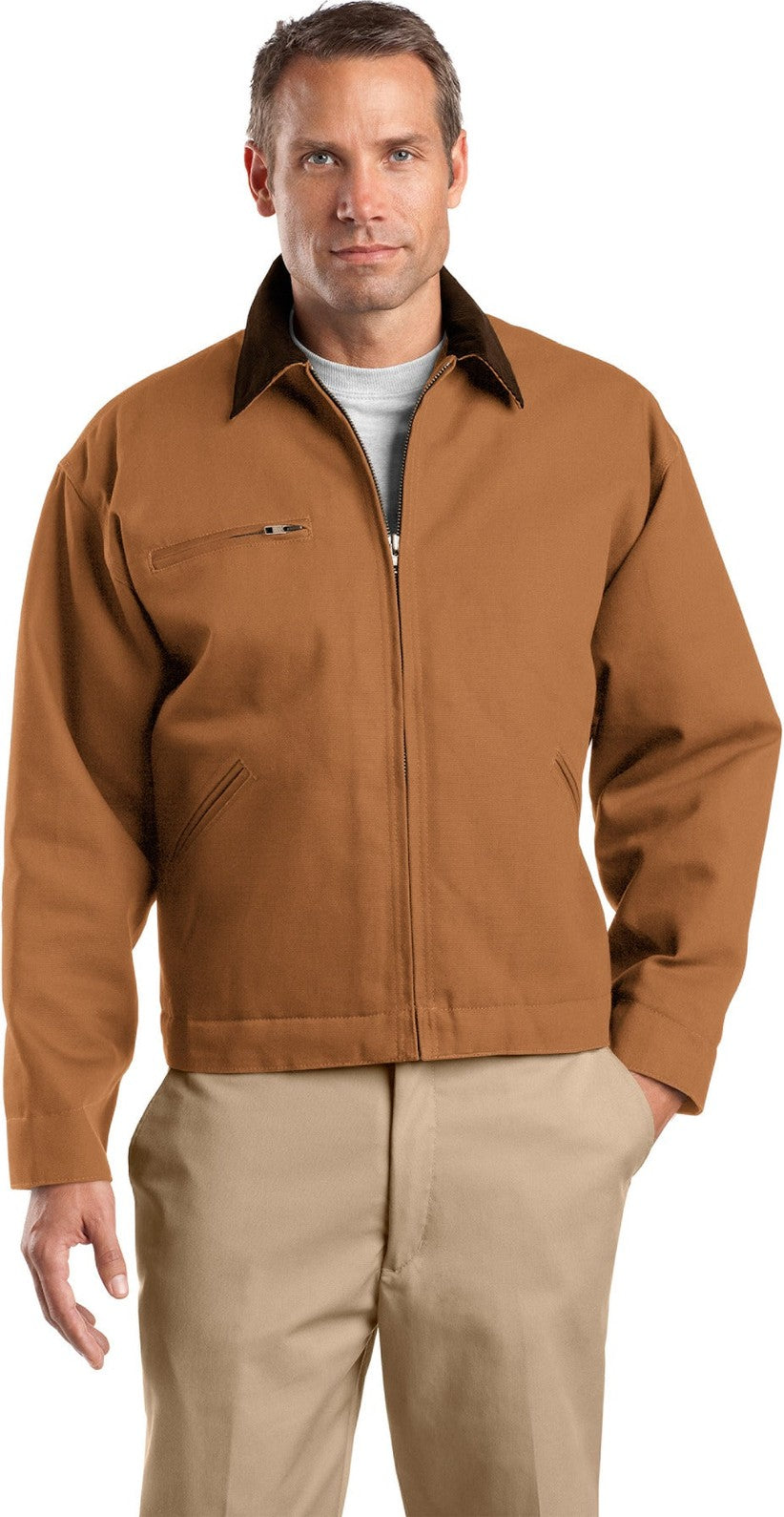 Front View of Duck Brown CornerStone Tall Duck Cloth Work Jacket. TLJ763