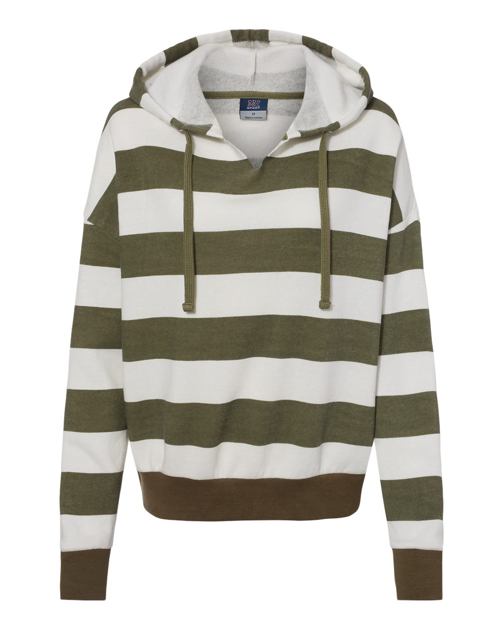 Front View of Dusty Olive Women's Striped Fleece Boxy Hooded Sweatshirt - W21721