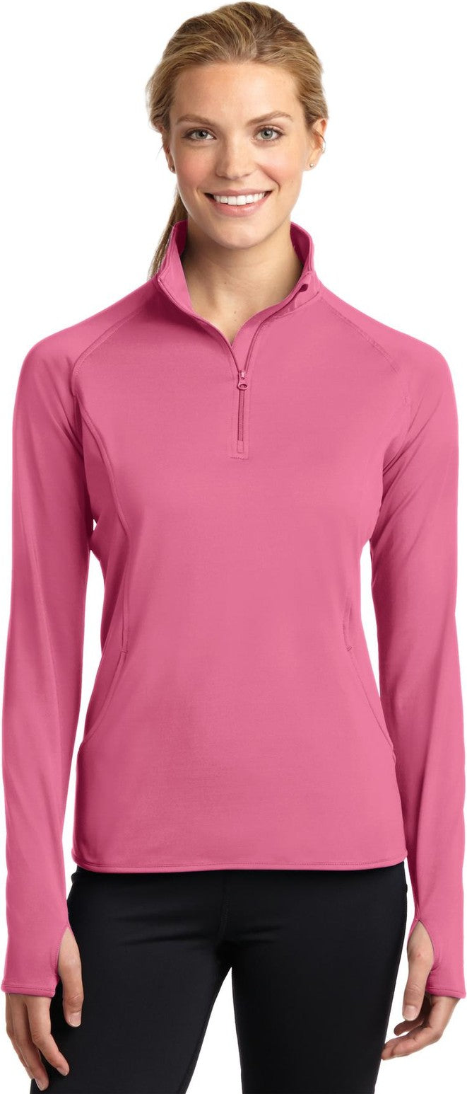 Front View of Dusty Rose Sport-Tek Women's Sport-Wick Stretch 1/4-Zip Pullover. LST850