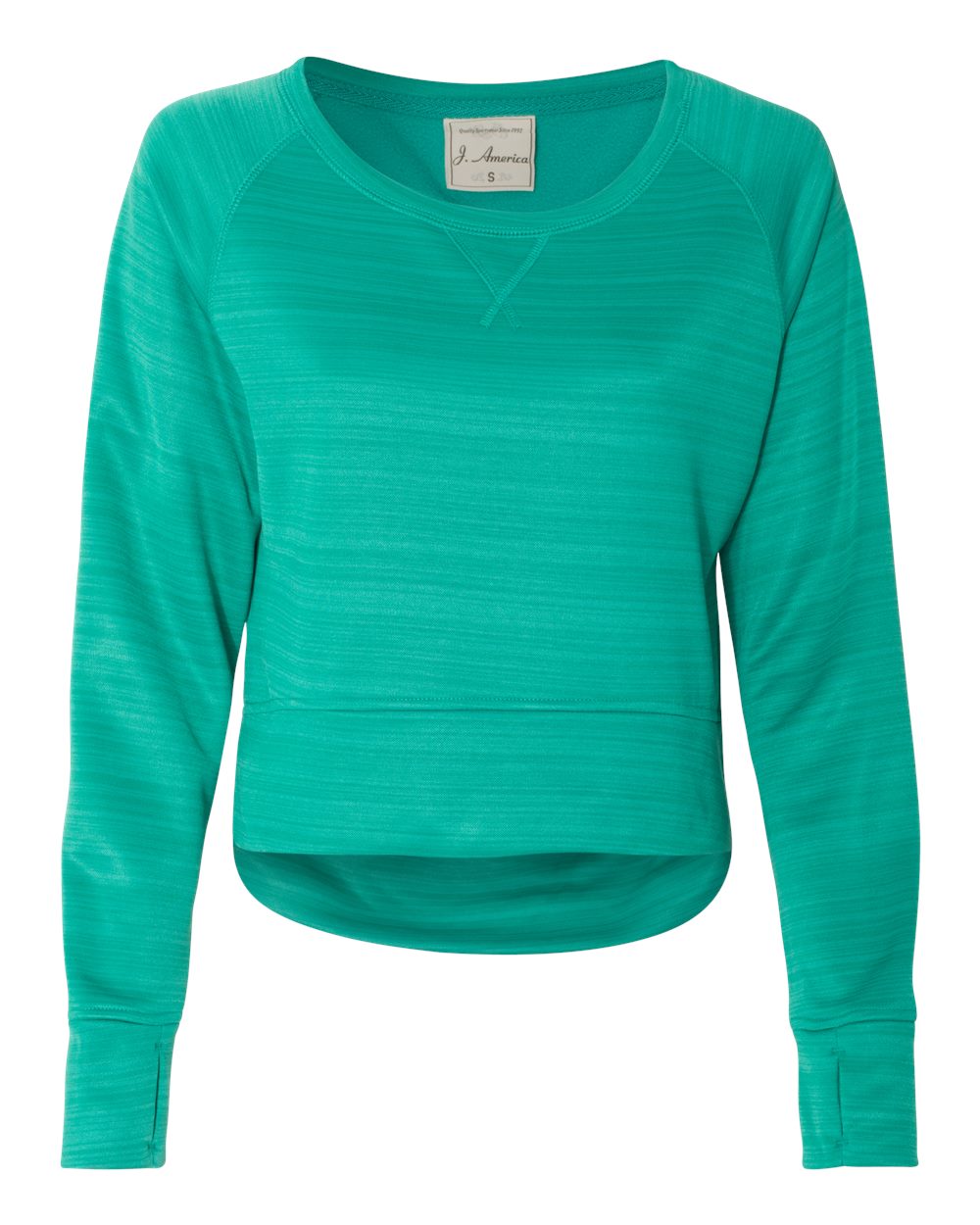 Front View of Dynasty Green Stripe Women&#39;s Odyssey Striped Performance Fleece Hi-Low Crewneck Sweatshirt - 8663