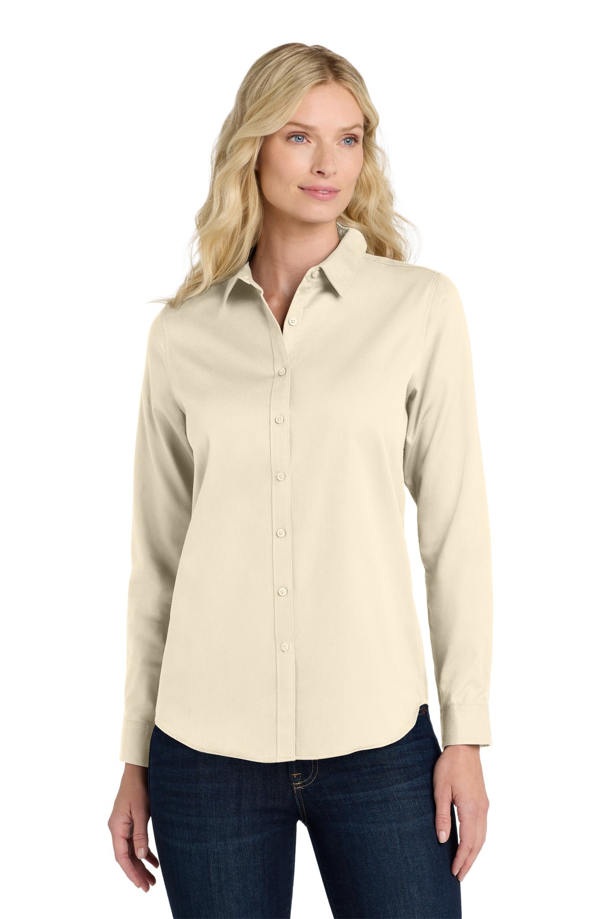 Front View of Ecru Port Authority Women's Long Sleeve SuperPro React Twill Shirt. LW808