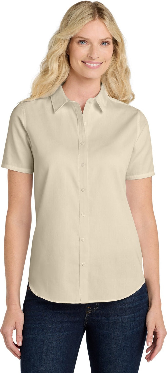 Front View of Ecru Port Authority Women's Short Sleeve SuperPro React Twill Shirt. LW809